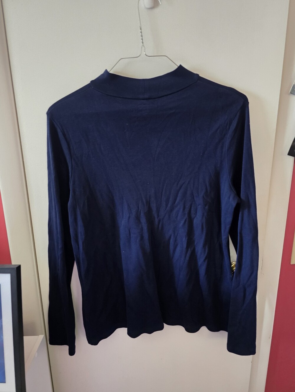Kim Rogers Perfectly Soft Mock Neck Top Womens M Navy Blue Cotton Long Sleeve